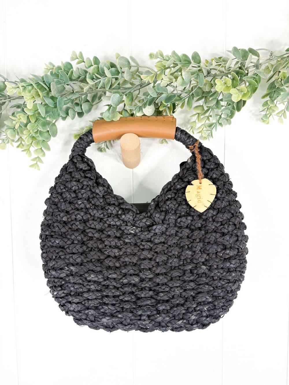 Magid Black Woven Straw Handbag Wood Handle Boho Beach Summer Purse